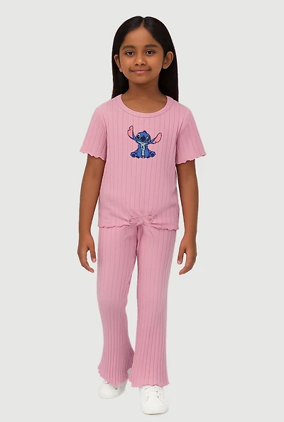 Little Girls Graphic Ribbed Knit Top and Pants Set, Pink, Size 6X