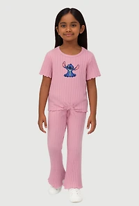 Little Girls Graphic Ribbed Knit Top and Pants Set