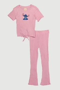 Little Girls Graphic Ribbed Knit Top and Pants Set, Pink, Size 4
