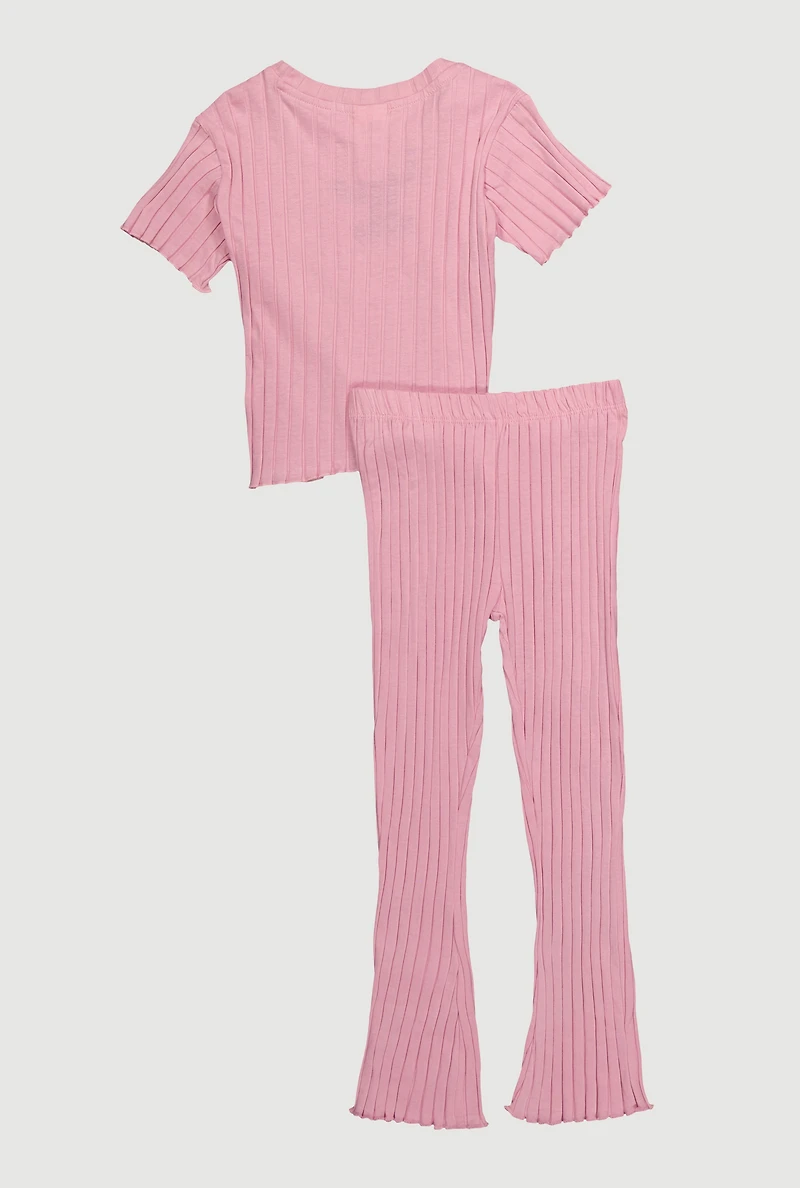 Little Girls Graphic Ribbed Knit Top and Pants Set
