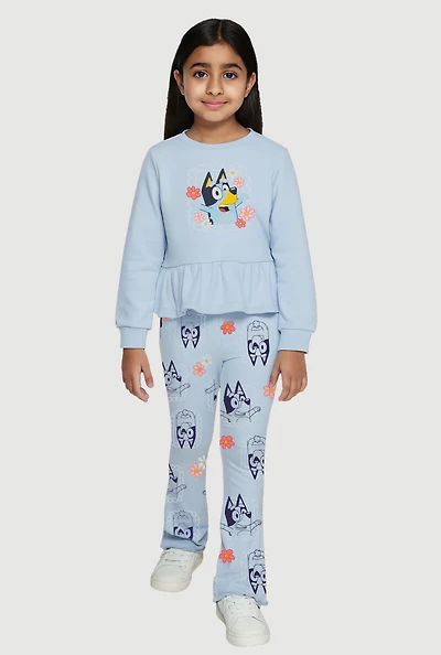 Little Girls Bluey Graphic Peplum Sweatshirt and Flare Pants, Blue, Size 4