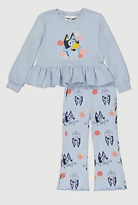 Little Girls Bluey Graphic Peplum Sweatshirt and Flare Pants, Blue, Size 4