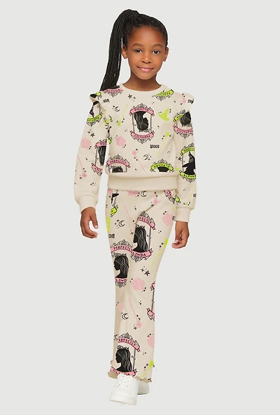 Little Girls Graphic Print Ruffle Sweatshirt and Pants Set, Multi, Size 6X