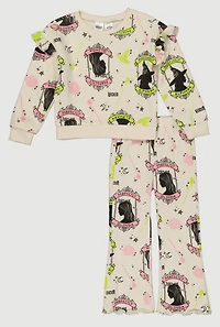 Little Girls Graphic Print Ruffle Sweatshirt and Pants Set, Multi,