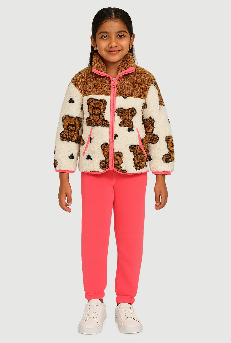 Little Girls Teddy Bear Sherpa Jacket and Sweatpants, Multi, Size 6X