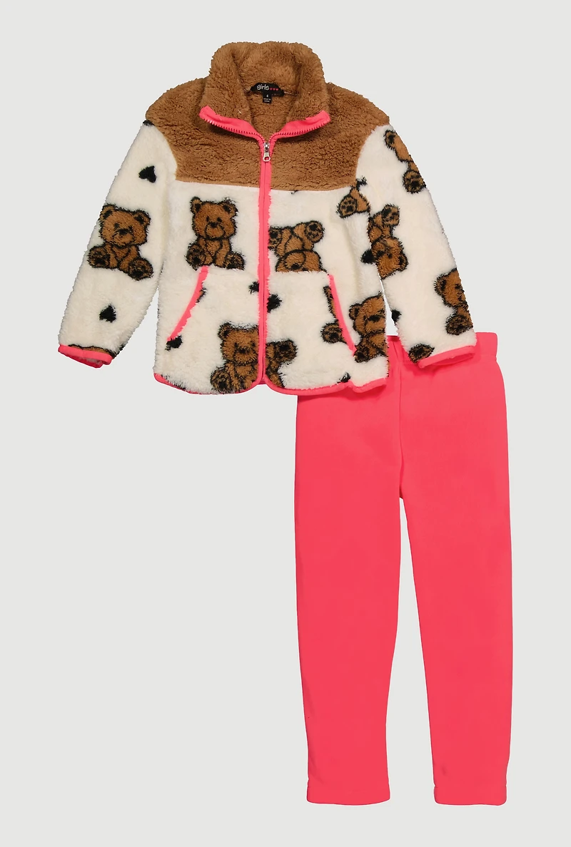 Little Girls Teddy Bear Sherpa Jacket and Sweatpants, Multi, Size 6X