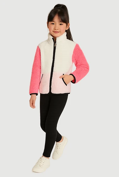 Little Girls Color Block Teddy Jacket and Sweatpants