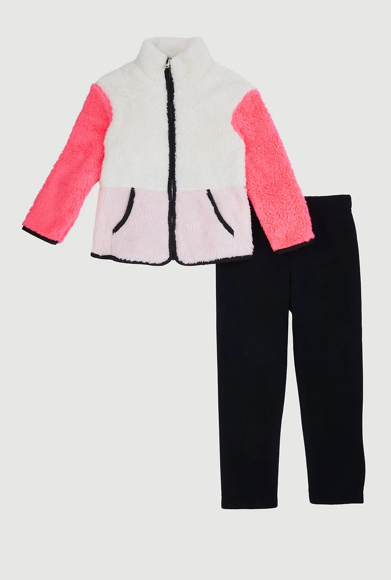 Little Girls Color Block Teddy Jacket and Sweatpants