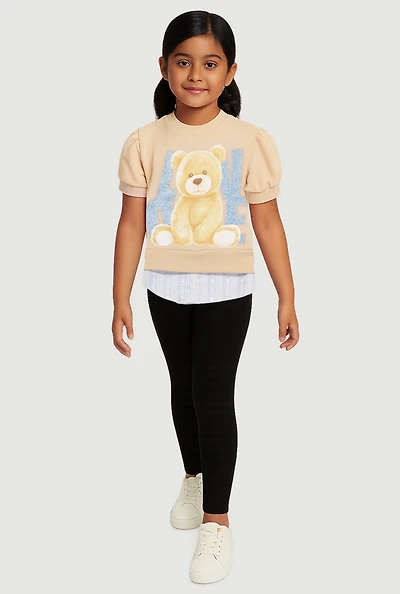 Little Girls Love Bear Graphic Layered Look Sweatshirt and Pants, Multi, Size 6X
