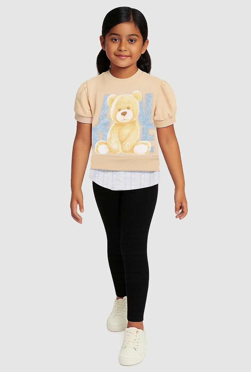 Little Girls Love Bear Graphic Layered Look Sweatshirt and Pants, Multi,