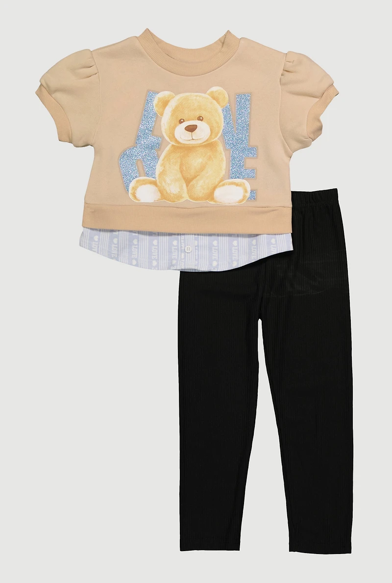 Little Girls Love Bear Graphic Layered Look Sweatshirt and Pants, Multi, Size 4