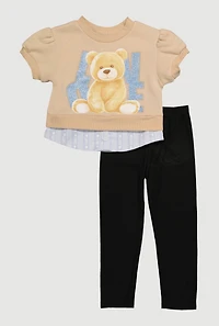 Little Girls Love Bear Graphic Layered Look Sweatshirt and Pants, Multi, Size 4
