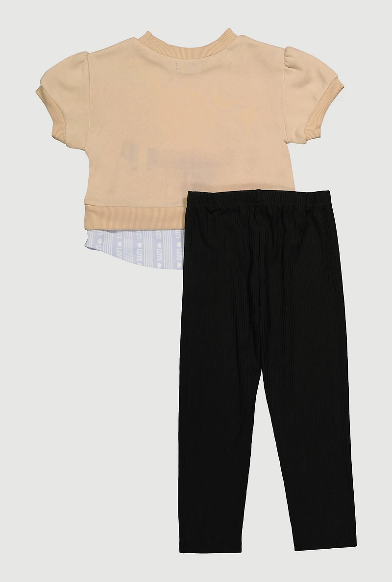 Little Girls Love Bear Graphic Layered Look Sweatshirt and Pants, Multi, Size 4