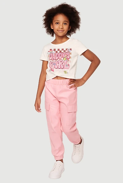 Little Girls Daddys Girl Tee and Faux Leather Cargo Joggers, Pink,