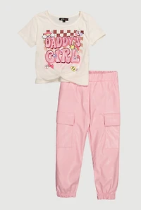 Little Girls Daddys Girl Tee and Faux Leather Cargo Joggers, Pink,