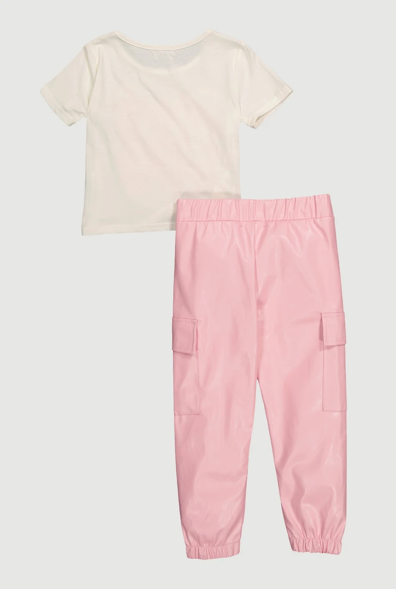 Little Girls Daddys Girl Tee and Faux Leather Cargo Joggers, Pink, Size 4