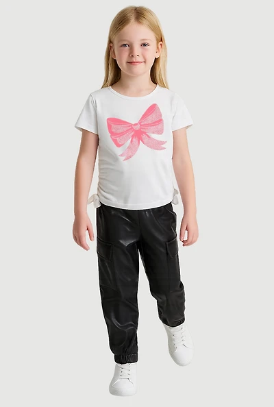 Little Girls Bow Graphic Print Tee and Fleece Lined Faux Leather Cargo Joggers, Multi, Size 5-6