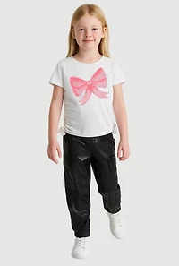 Little Girls Bow Graphic Print Tee and Fleece Lined Faux Leather Cargo Joggers
