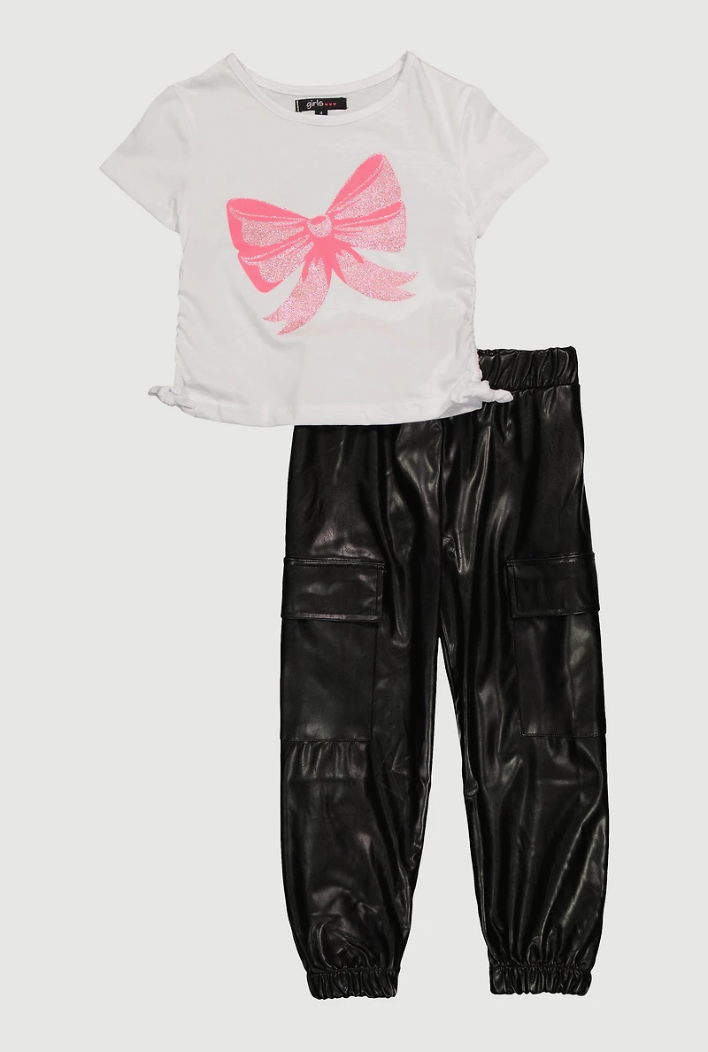 Little Girls Bow Graphic Print Tee and Fleece Lined Faux Leather Cargo Joggers