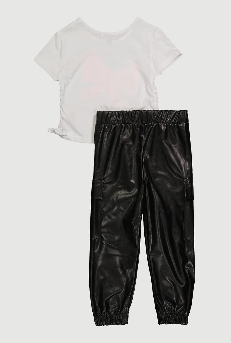 Little Girls Bow Graphic Print Tee and Fleece Lined Faux Leather Cargo Joggers