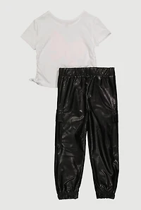 Little Girls Bow Graphic Print Tee and Fleece Lined Faux Leather Cargo Joggers