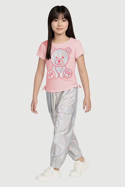 Little Girls Iridescent Bear Graphic Tee and Cargo Joggers, Multi,
