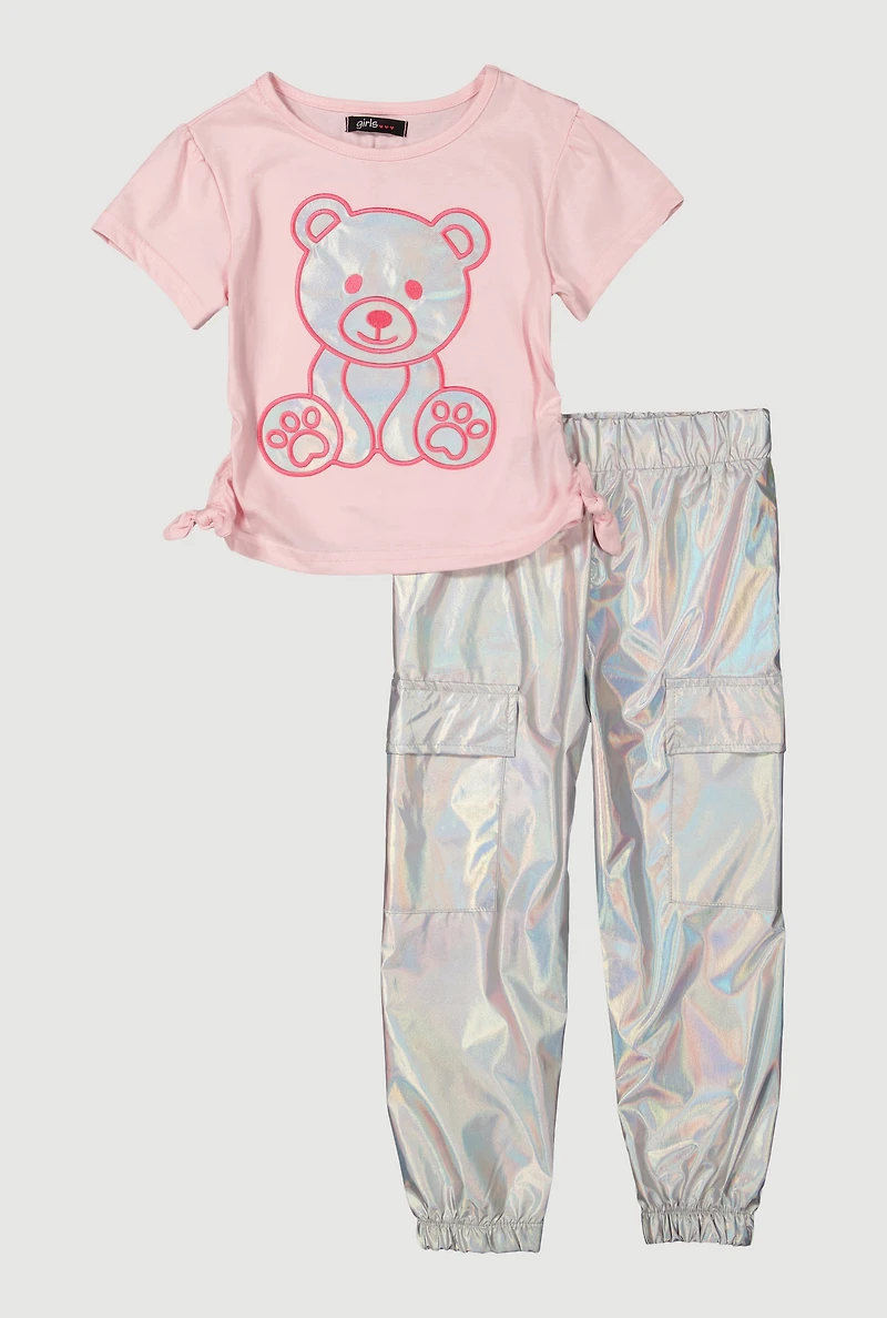 Little Girls Iridescent Bear Graphic Tee and Cargo Joggers, Multi,