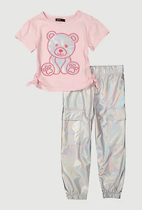 Little Girls Iridescent Bear Graphic Tee and Cargo Joggers, Multi,