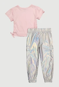 Little Girls Iridescent Bear Graphic Tee and Cargo Joggers
