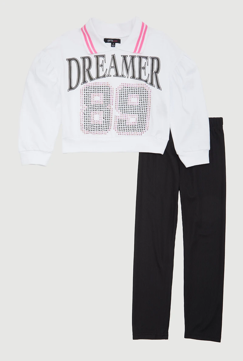 Little Girls Rhinestone Dreamer 89 Graphic Sweatshirt and Pants, Multi, Size 6X