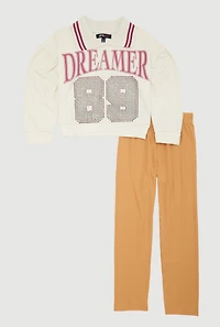 Little Girls Rhinestone Dreamer 89 Graphic Sweatshirt and Pants