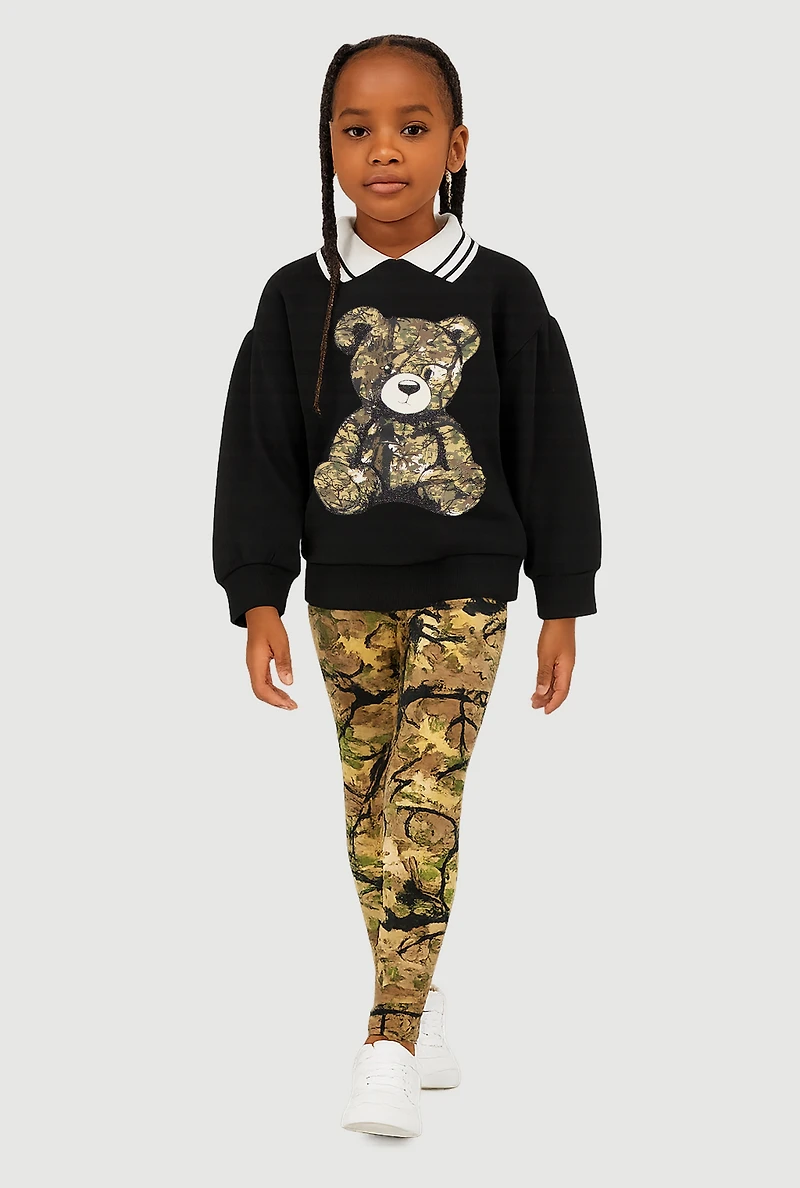 Little Girls Hunter Camo Bear Graphic Sweatshirt and Leggings, Multi, Size 6X
