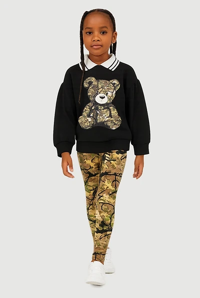 Little Girls Hunter Camo Bear Graphic Sweatshirt and Leggings