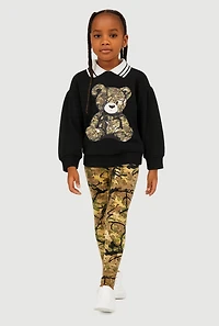Little Girls Hunter Camo Bear Graphic Sweatshirt and Leggings