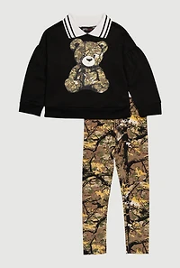 Little Girls Hunter Camo Bear Graphic Sweatshirt and Leggings, Multi, Size 6X