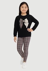Little Girls Bow Graphic Sweatshirt and Plaid Leggings, 5-6