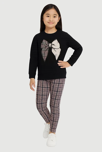 Little Girls Bow Graphic Sweatshirt and Plaid Leggings