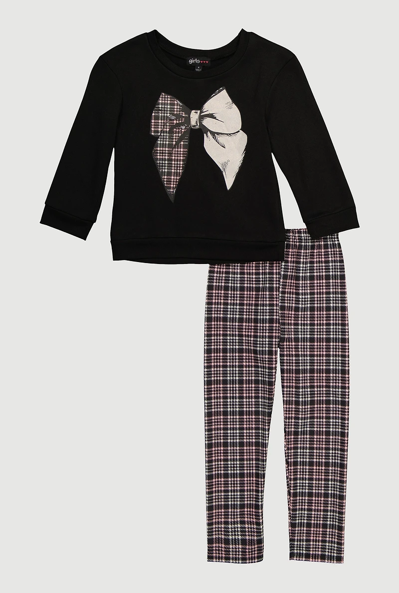 Little Girls Bow Graphic Sweatshirt and Plaid Leggings, 5-6