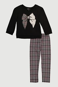 Little Girls Bow Graphic Sweatshirt and Plaid Leggings,