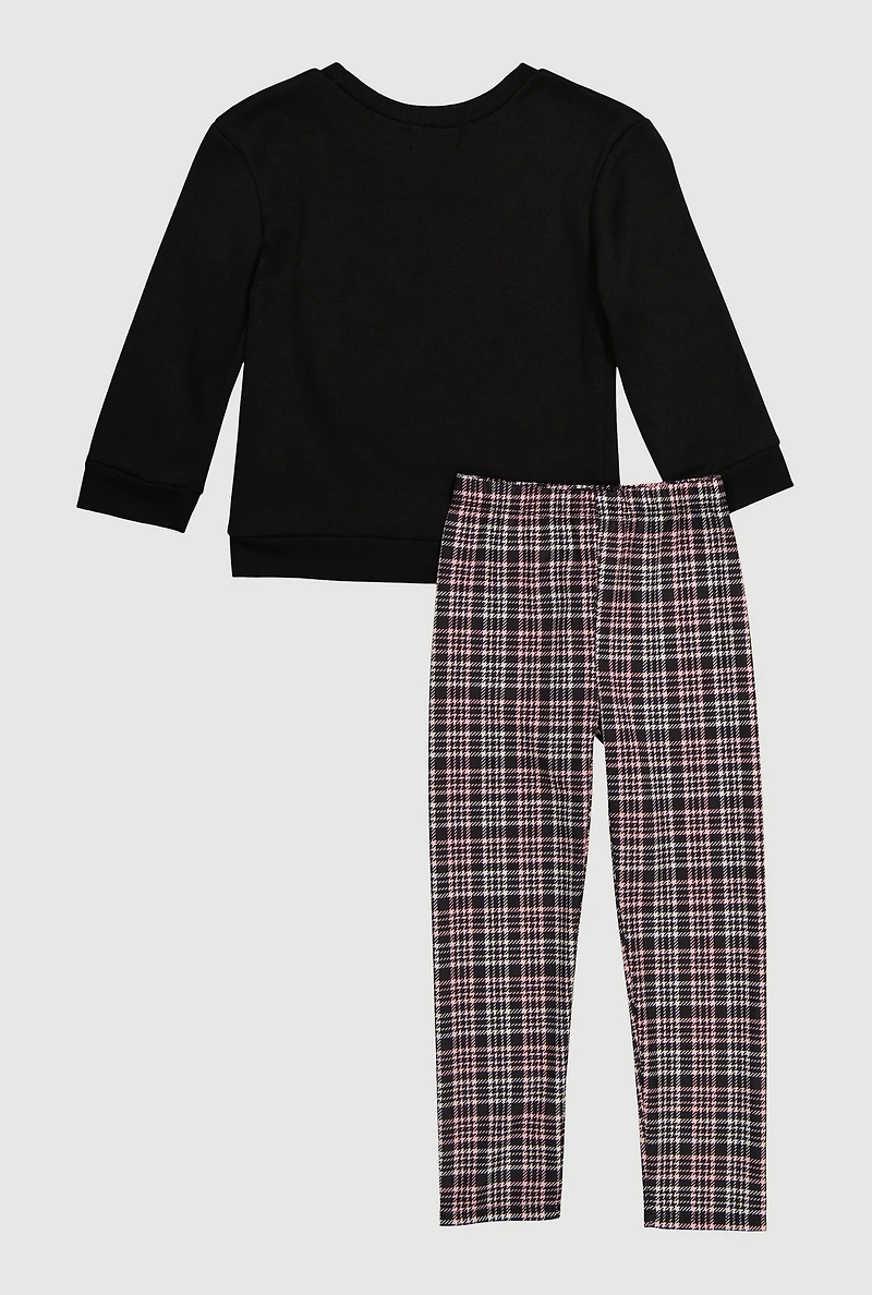 Little Girls Bow Graphic Sweatshirt and Plaid Leggings, 5-6