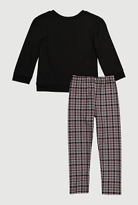 Little Girls Bow Graphic Sweatshirt and Plaid Leggings, 5-6