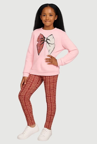 Little Girls Bow Graphic Sweatshirt and Plaid Leggings, Pink,
