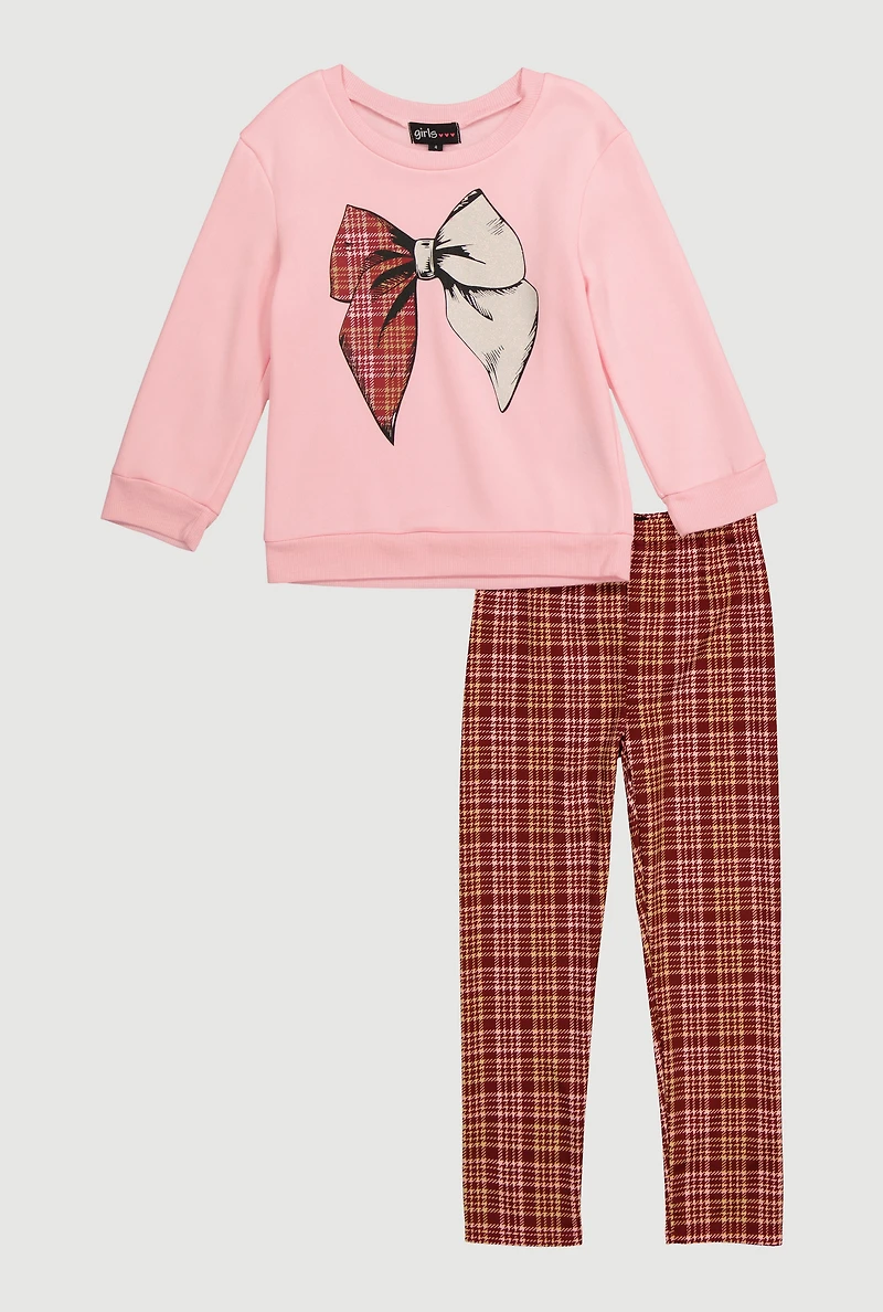 Little Girls Bow Graphic Sweatshirt and Plaid Leggings, Pink,