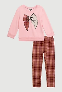 Little Girls Bow Graphic Sweatshirt and Plaid Leggings, Pink,