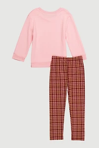 Little Girls Bow Graphic Sweatshirt and Plaid Leggings, Pink,