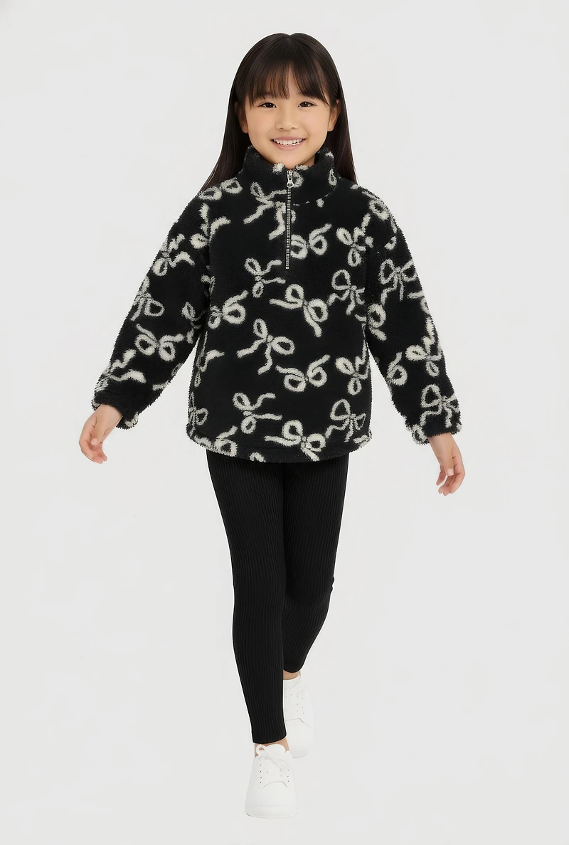 Little Girls Sherpa Bow Print Pullover and Leggings