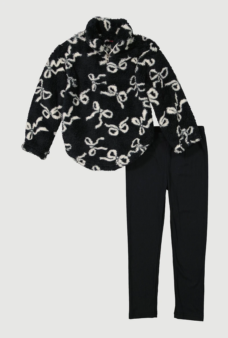 Little Girls Sherpa Bow Print Pullover and Leggings