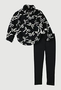 Little Girls Sherpa Bow Print Pullover and Leggings