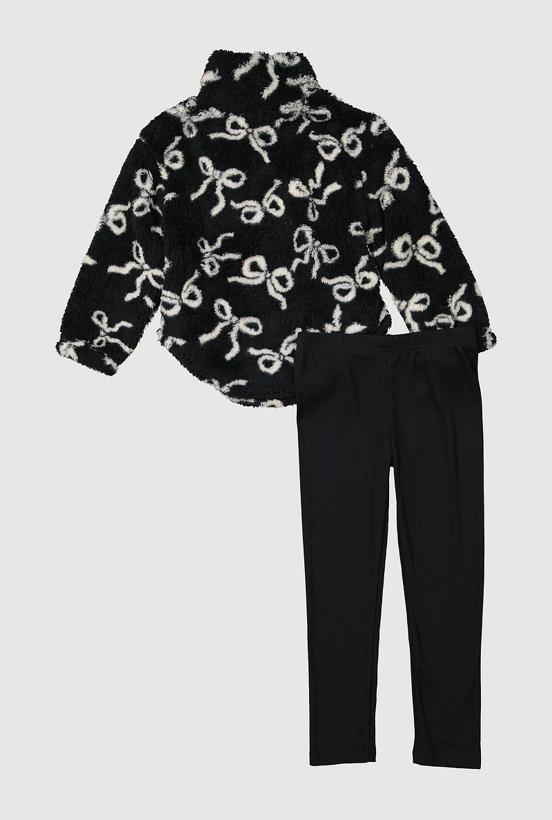 Little Girls Sherpa Bow Print Pullover and Leggings