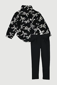 Little Girls Sherpa Bow Print Pullover and Leggings